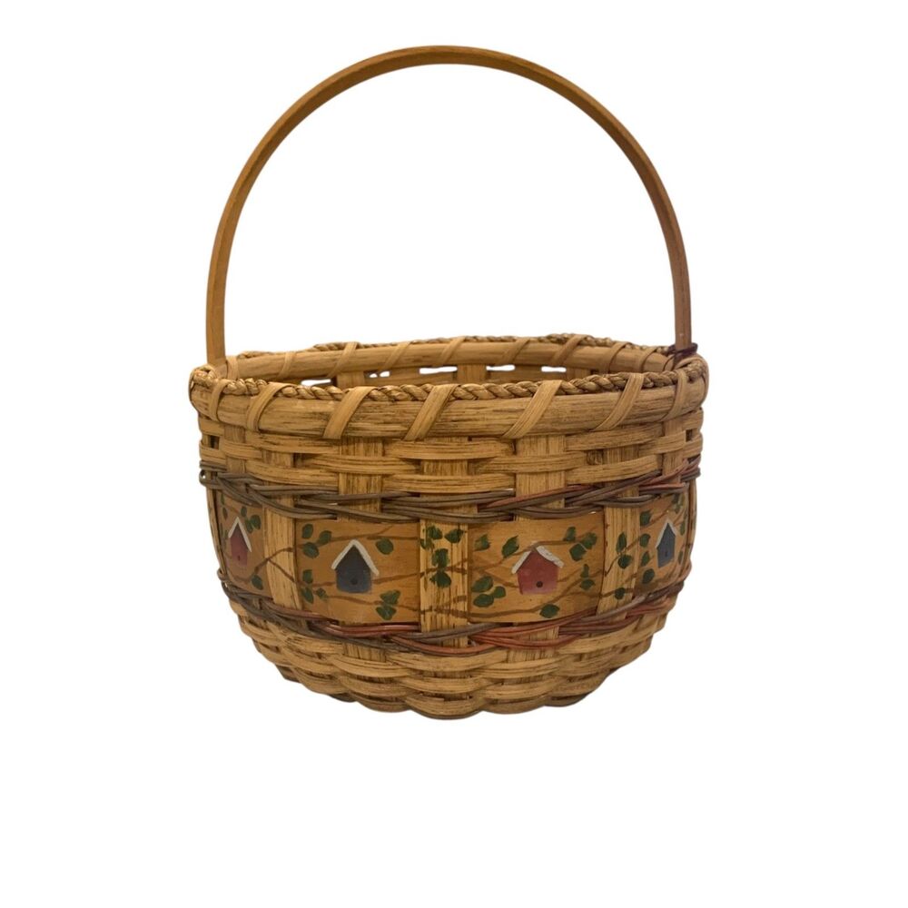 Vintage Hand Painted Woven Wood Slat Basket with Handle Cottagecore Farmhouse